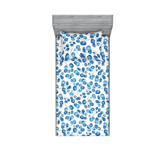 Leaf Print Fitted Sheet & Pillow Sham Set, Watercolor Circular Leaves in Oceanic Colors Branches of Abstract Nature, Decorative Printed 2 Piece Bedding Decor, Twin, Azure Blue White, by Ambesonne