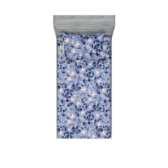 Leaf Print Fitted Sheet & Pillow Sham Set, Watercolor Painting Effect Ornament of Nature Branches Leaves, Decorative Printed 2 Piece Bedding Decor, Twin, Lavender Blue and Dark Indigo, by Ambesonne