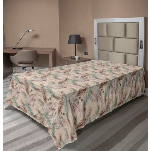 Ambesonne Leaf Print Flat Bedding Sheet Soft Top Sheet, Romance Exotic Palm Art, Twin, Ecru Green Warm Taupe