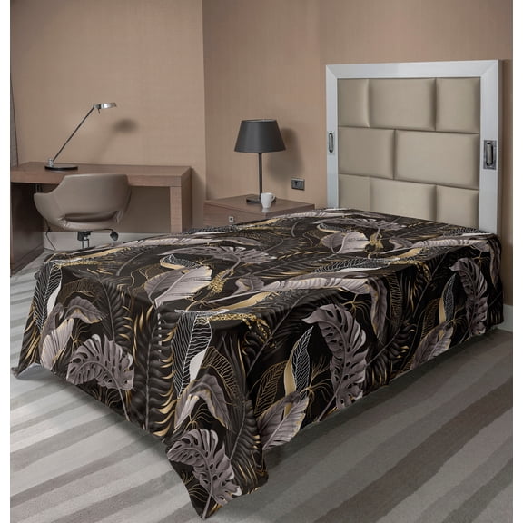 Ambesonne Leaf Print Flat Bedding Sheet Soft Top Sheet, Tropical Retro Leaves, Twin, Dark Brown and Taupe Grey
