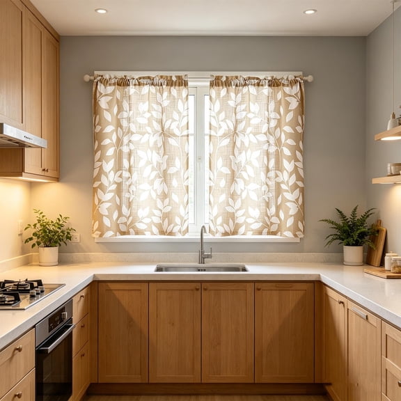 Leaf Print Kitchen Tier Curtains, 2 Pack Short Rod Pocket Sheer Curtains for Cafe & Bathroom