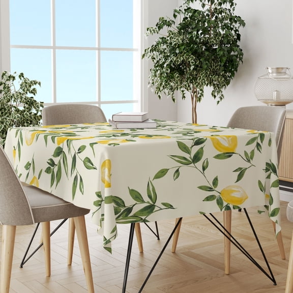 Leaf Print Lemon Table Cover, Summer Dining Cloth, Stain Resistant Practical Cover for Daily Summer Holiday Parties