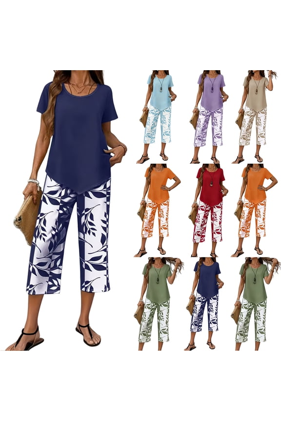 Leaf Print Palazzo Pants Set for Women - Casual Short Sleeve Tunic Top & Wide Leg Capri Outfit, Summer Vacation Matching 2 Piece Lounge Set Red XXL