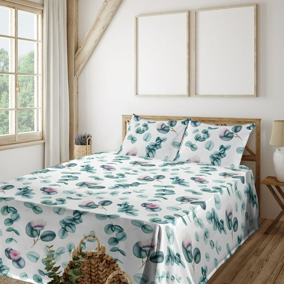Ambesonne Leaf Print Fitted & Flat Sheet with Sham 3 Pcs Set, Eucalyptus Branches Art, Twin, Pale Teal and Cadet Blue