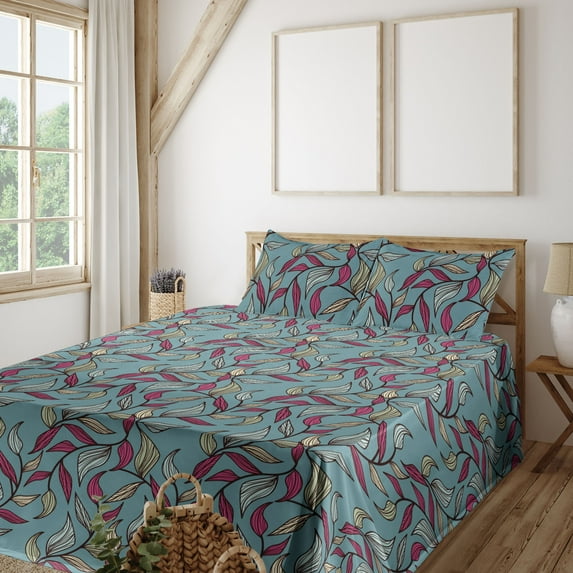 Ambesonne Leaf Print Fitted & Flat Sheet with Sham 3 Pcs Set, Geometric Leafy Pattern, Twin XL, Cadet Blue and Cream