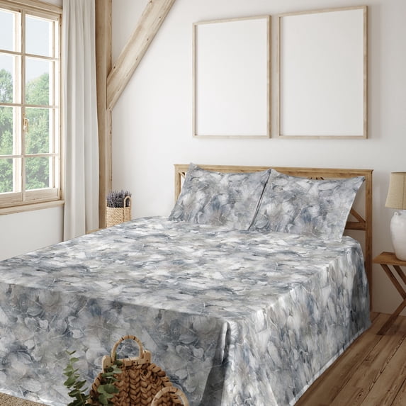 Ambesonne Leaf Print Fitted & Flat Sheet with Shams 4 Pcs Set, Leaves Vintage Neutral, Queen, Pale Blue Grey Tan White