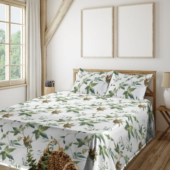 Ambesonne Leaf Print Fitted & Flat Sheet with Shams 4 Pcs Set, Leaves Simple Branches, Queen, Reseda Green and Pale Brown