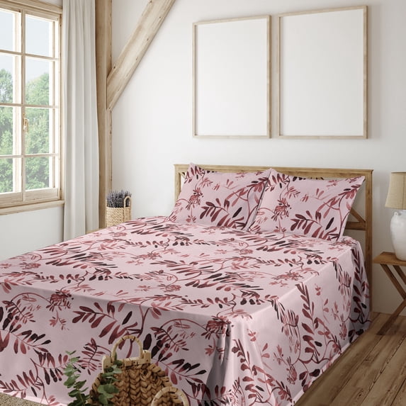 Ambesonne Leaf Print Fitted & Flat Sheet with Shams 4 Pcs Set, Wild Branches Forest Art, Queen, Rose and Pale Maroon