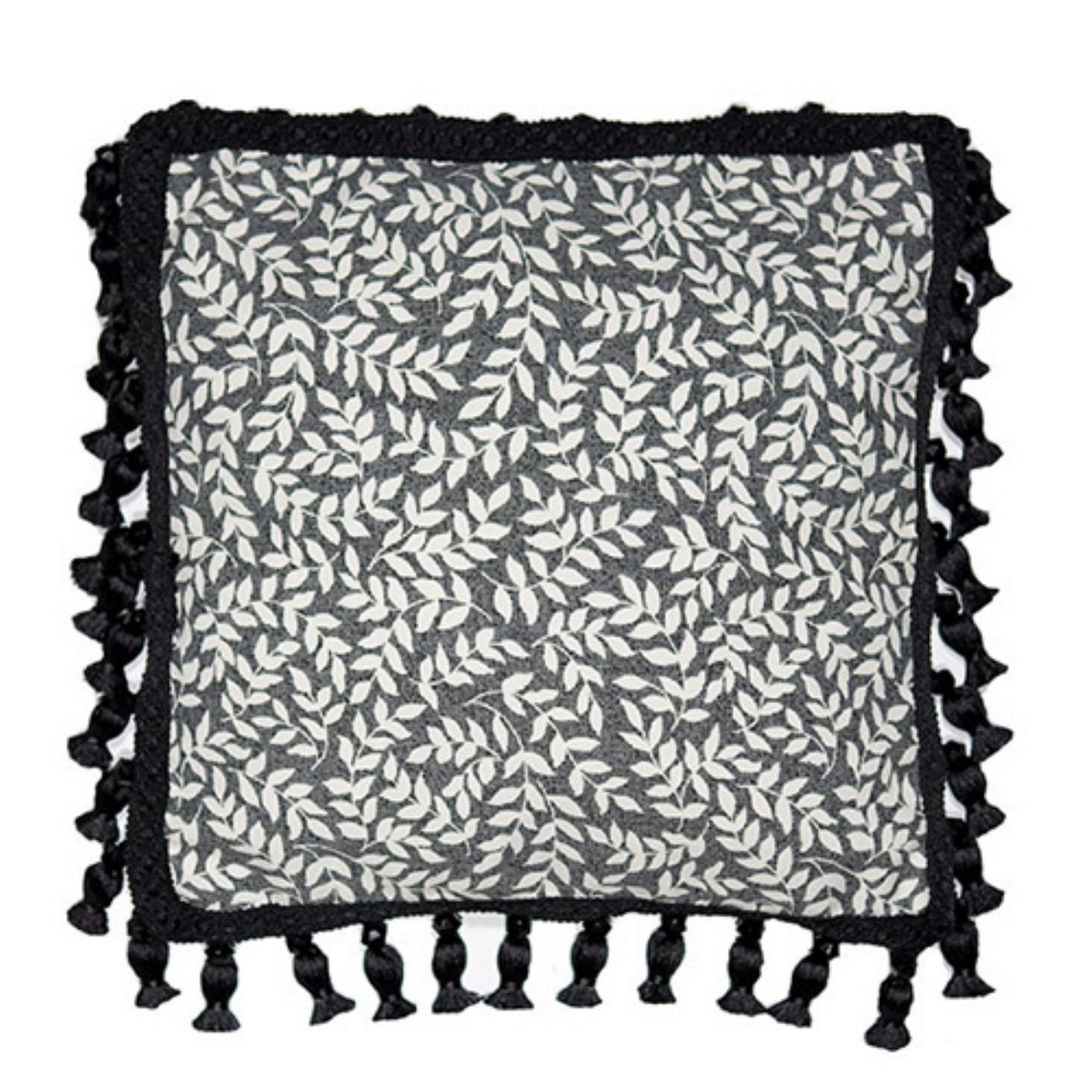 Black and White Floral Cotton Square Pillow with Tassels