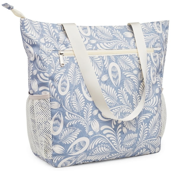 Leaf Print Travel Beach Tote Bag Large Capacity Shoulder Handbag with Multi Pockets Water-resistant for Seaside Shopping Casual for Women, Blue