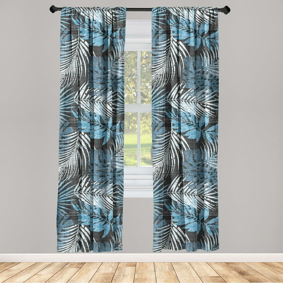 Leaf Print Window Curtains, Abstract Tropical Watercolor Art Grunge Leaves Design Oceanic Colors, Lightweight Decor 2-Panel Set with Rod Pocket, Pair of - 28"x84", Dark Grey and Sky Blue, by Ambesonne