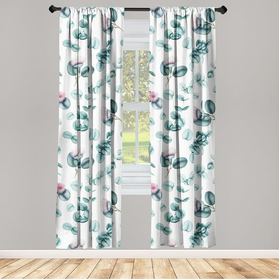 Leaf Print Window Curtains, Blossoming Eucalyptus Branches Watercolor Design Romantic Look, Lightweight Decor 2-Panel Set with Rod Pocket, Pair of - 28"x84", Pale Teal and Cadet Blue, by Ambesonne