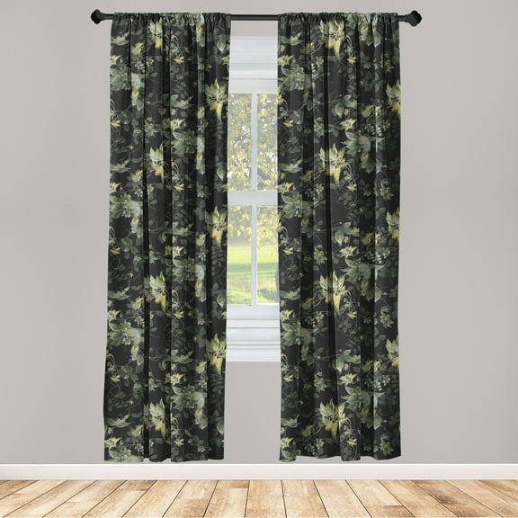 Leaf Print Window Curtains, Botanical Design Ornament of Leaves on Dark Backdrop Vintage Feels, Lightweight Decor 2-Panel Set with Rod Pocket, Pair of - 28"x63", Charcoal Grey and Green, by Ambesonne