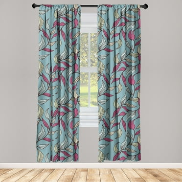 Leaf Print Window Curtains, Geometric Inspired Striped Leaves Pattern Bohemian Forest Pattern, Lightweight Decor 2-Panel Set with Rod Pocket, Pair of - 28"x63", Cadet Blue and Cream, by Ambesonne
