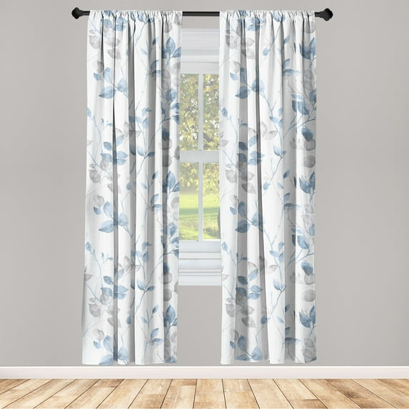Leaf Print Window Curtains, Modern Style Minimal Nature Artwork of Leaves Nature Garden Vibes, Lightweight Decor 2-Panel Set with Rod Pocket, Pair of - 28"x84", Sea Blue and Pale Grey, by Ambesonne