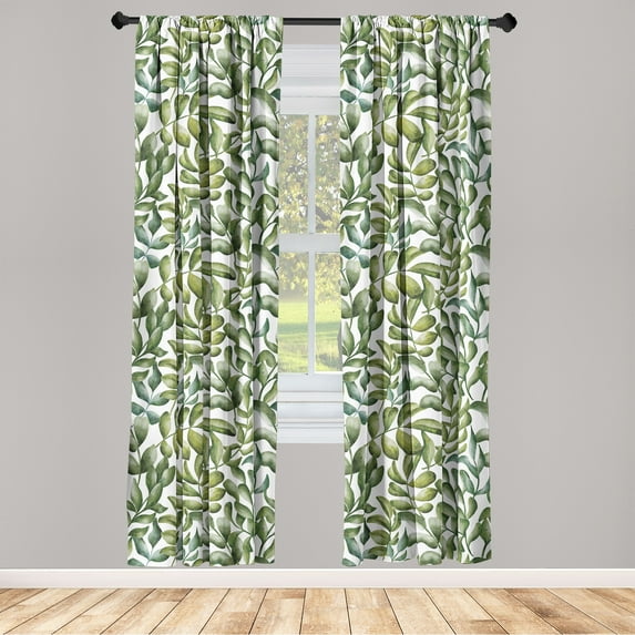 Leaf Print Window Curtains, Nature Themed Pattern of Continuous Branches in Watercolor Design, Lightweight Decor 2-Panel Set with Rod Pocket, Pair of - 28"x63", Olive Green Khaki White, by Ambesonne