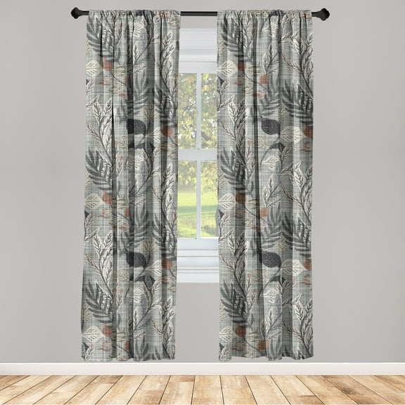 Leaf Print Window Curtains, Neutral Toned Woodland Branches Leaves Design on Grunge Striped Back, Lightweight Decor 2-Panel Set with Rod Pocket, Pair of - 28"x63", Grey Teal Pale Redwood, by Ambesonne