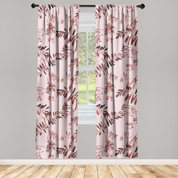 Leaf Print Window Curtains, Watercolor Design Wild Branches Forest Love Pattern in Warm Colors, Lightweight Decor 2-Panel Set with Rod Pocket, Pair of - 28"x95", Rose and Pale Maroon, by Ambesonne