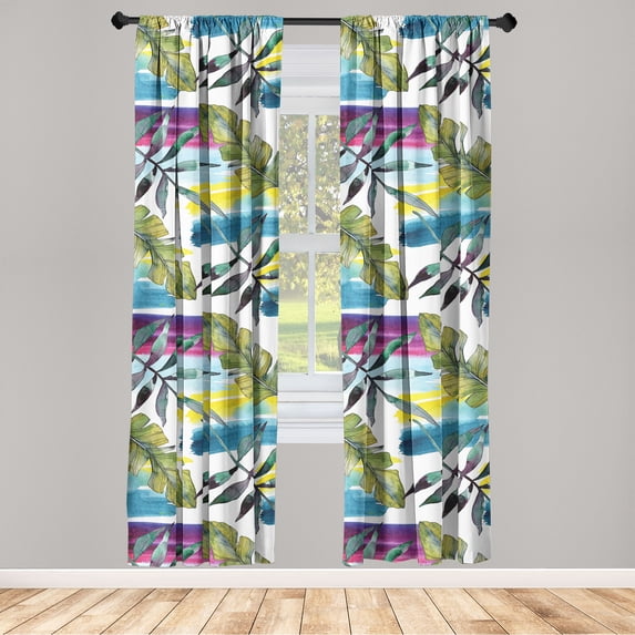 Leaf Print Window Curtains, Watercolor Leaves on Brushstrokes Modern Botanical Aquarelle, Lightweight Decor 2-Panel Set with Rod Pocket, Pair of - 28"x84", Fern Green and Multicolor, by Ambesonne