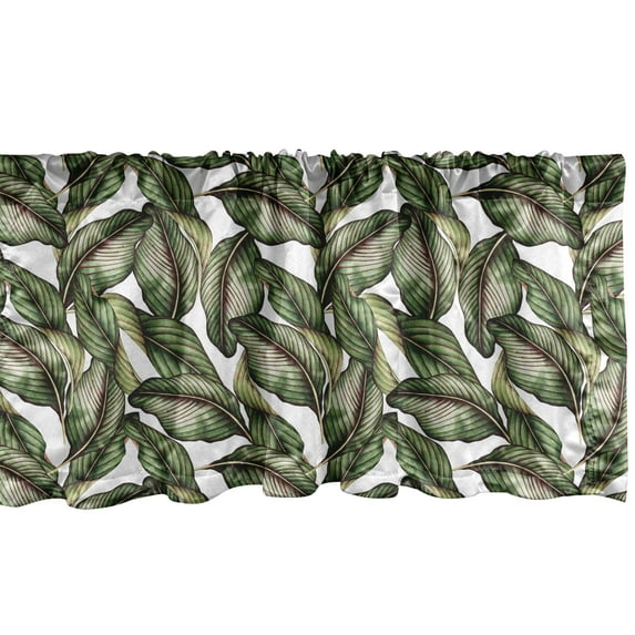 Leaf Print Window Valance, Exotic Jungle Foliage of Leaves Style Nature Art Illustration, Curtain Valance for Kitchen Bedroom with Rod Pocket, 54" X 18", Green Seal Brown and White, by Ambesonne