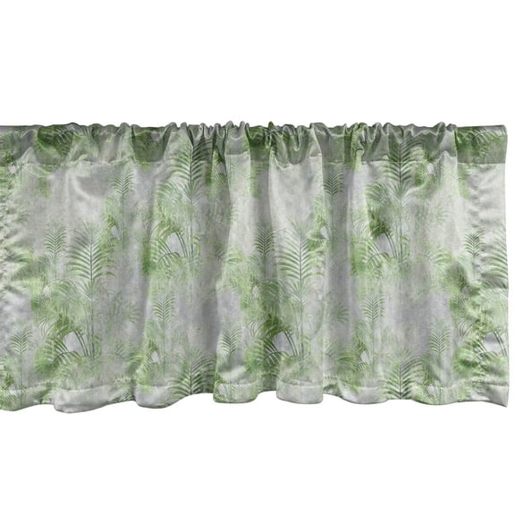 Leaf Print Window Valance, Grunge Art Jungle Bloom of Palm Leaves Forest Pattern Weathered Tropic, Curtain Valance for Kitchen Bedroom with Rod Pocket, 54" X 18", Pale Grey Lime Green, by Ambesonne