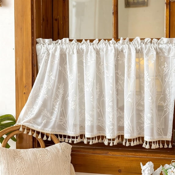 Leaf Printed Sheer Curtain Valance 39.37W x 23.62L Inch Rod Pocket Tassel Trim Valance for Kitchen Living Room