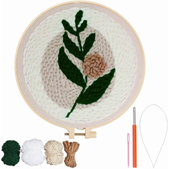 Leaf Punch Needle Kit Yarn Punch Embroidery Kits with Wood Hoop Shelf Sewing Pinch Needle Yarns Stamped Embroidery Cloth Pattern Set for Adults Beginners Making Garments Pillow DIY Crafts diy