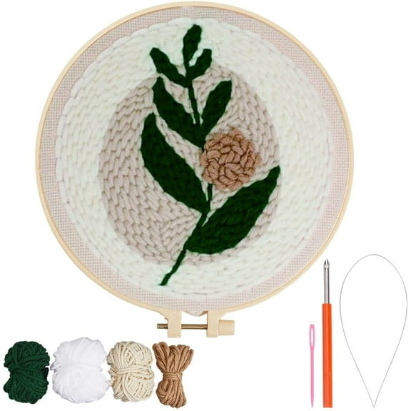 Leaf Punch Needle Kit Yarn Punch Embroidery Kits with Wood Hoop Shelf Sewing Pinch Needle Yarns Stamped Embroidery Set for Adults Beginners Making Garments Pillow DIY Crafts colorful DIY