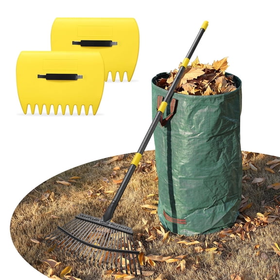 Leaf Rake 18" Wide Heavy Duty Metal 25 Tines Garden Set With 30-75" Adjustable Long Handle For Yard Grass Shrub Mulch Including 32gallon Bag Scoops
