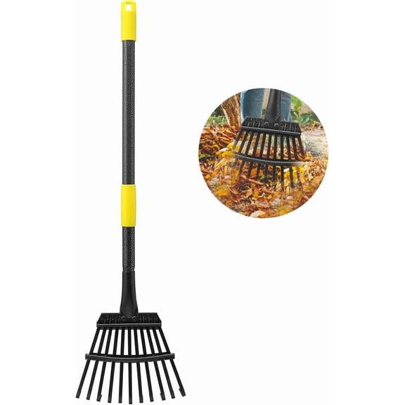 Leaf Rake for Gardening, Adjustable Metal Garden Rake for Leaves Long Handle 30-60", 11 Tines 9" Wide Small Lawn Collapsible Yard Adult Kids Rake for Camping Flower Beds Mulch Shrub