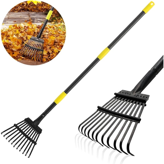 Leaf Rake, Small Rake for Leaves with 30"-60" Adjustable Long Handle, 11 Tines 8.5" Wide, Metal Rakes Heavy Duty for Lawns, Gardening, Yard, Camping, Shrub, Grass, Bush, Weed, Debris