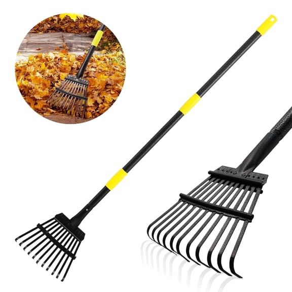FENHRTVM Leaf Rake, Small Rake for Leaves with 30"-60" Adjustable Long Handle, 11 Tines 8.5" Wide, Metal Rakes Heavy Duty for Lawns, Gardening, Yard, Camping, Shrub, Grass, Bush, Weed