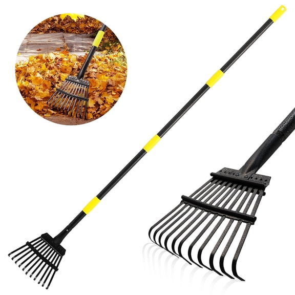 FENHRTVM Leaf Rake, Small Rake for Leaves with 30"-75" Adjustable Long Handle, 11 Tines 8.5" Wide, Metal Rakes Heavy Duty for Lawns, Gardening, Yard, Camping, Shrub, Grass, Bush, Weed