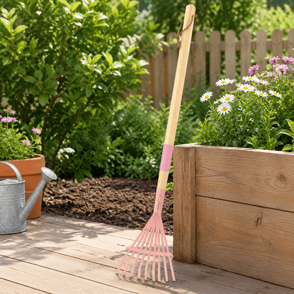 Leaf Rake-Small Wooden Handle Leaf Rake with Metal Tines, 27inches /69cm Length, for Enjoy Garden Cleaning Activities (Pink)