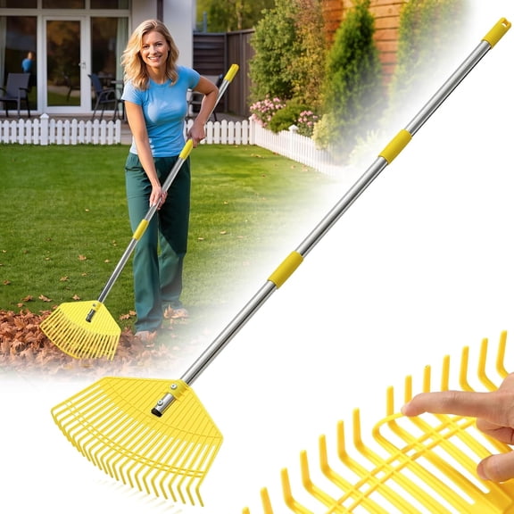Leaf Rake - Wide Nylon Plastic Head, Adjustable Handle, Heavy Duty for Leaves, Grass, Pine Needle, Mulch, Small Debris, Lawn-Friendly Tines, Lightweight