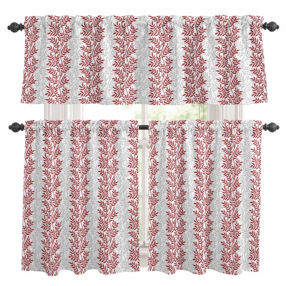 Leaf Red Kitchen Curtains Valances and Tiers Set of 3 and Gray Leaf Art Plant Tier Curtains and Valance with Rod Pocket for Small Windows, 27.5"x24"