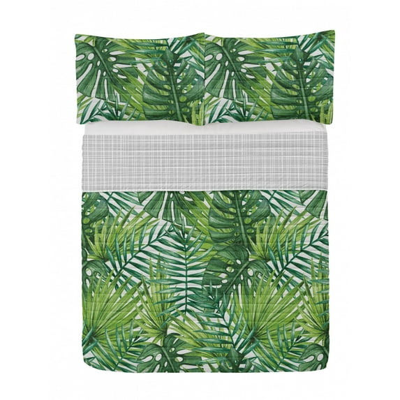 Leaf Reversible Bedspread Set, Tropical Exotic Banana Forest Palm Tree Leaves Watercolor Design Image, Pillow Shams & Comforter Microfiber Bedding Set, 3 Sizes, Pale Green Dark Green, by Ambesonne