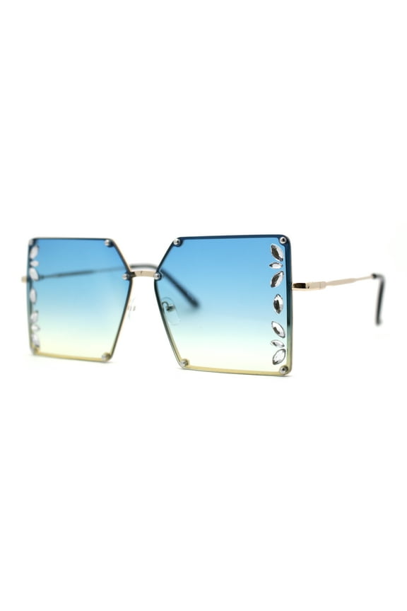 Leaf Rhinestone Rimless Rectangle Square Butterfly Sunglasses Gold Blue Yellow