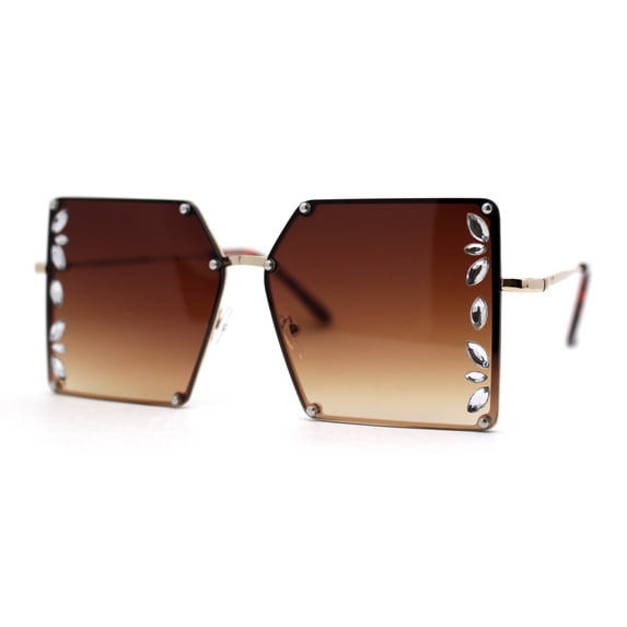 Leaf Rhinestone Rimless Rectangle Square Butterfly Sunglasses Gold Brown