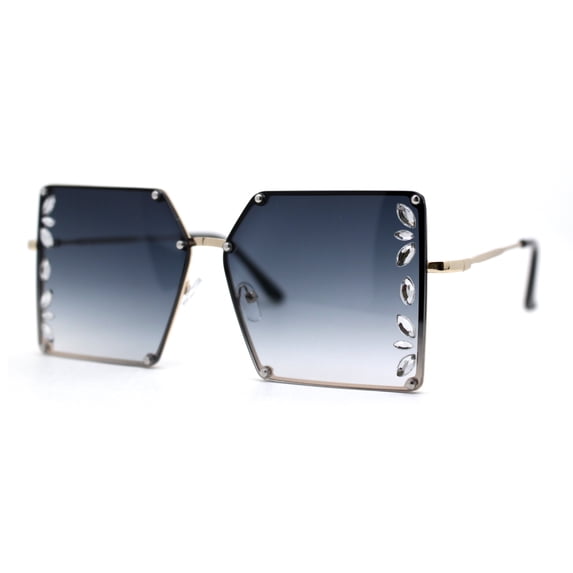 Leaf Rhinestone Rimless Rectangle Square Butterfly Sunglasses Gold Smoke