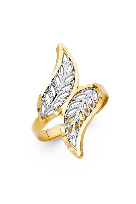 Leaf Ring 14k Yellow & White Gold Curved Band Diamond Cut Filigree Design Fancy Two Tone 26MM, Size 5.5