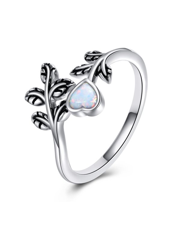 Leaf Ring 925 Sterling Silver Heart White Opal Rings Adjustable Open Ring for Women Size 7