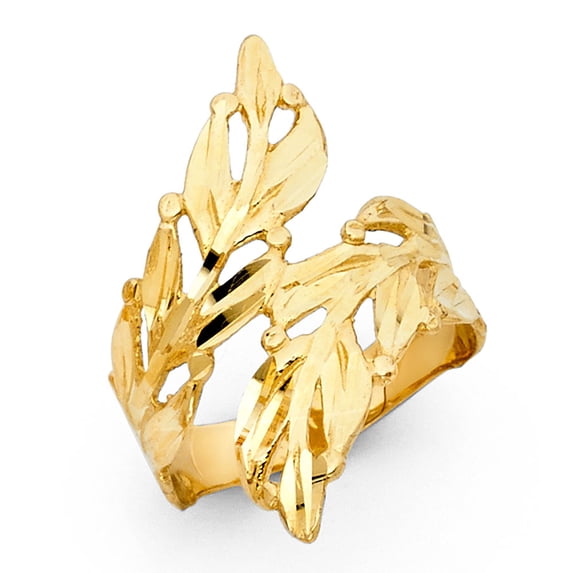 Leaf Ring Solid 14k Yellow Gold Curved Band Polished Finish Diamond Cut Genuine Fancy 28MM Size 6.5