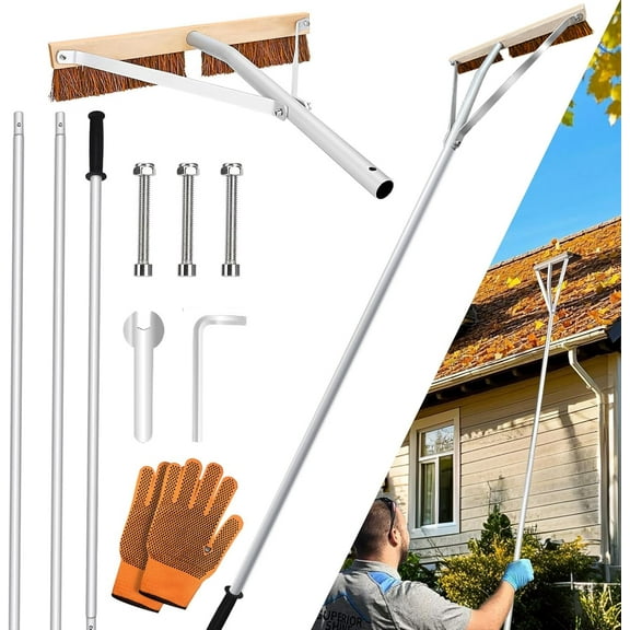Leaf Roof Brush with Gloves, Roof Rake Remove Leaves, Adjustable 5-21ft Roof Cleaning Brush Tool for Shingles, Corrugated, Solar Panel, Lightweight Long Handle Extension Aluminum Poles Broom