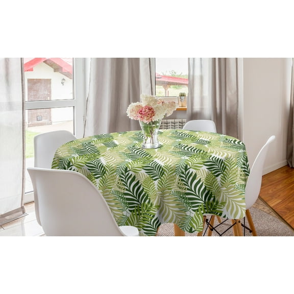 Leaf Round Tablecloth, Tropic Exotic Palm Tree Leaves Natural Botanical Spring Summer Contemporary Graphic, Circle Table Cloth Cover for Dining Room Kitchen Decor, 60", Green Ecru, by Ambesonne