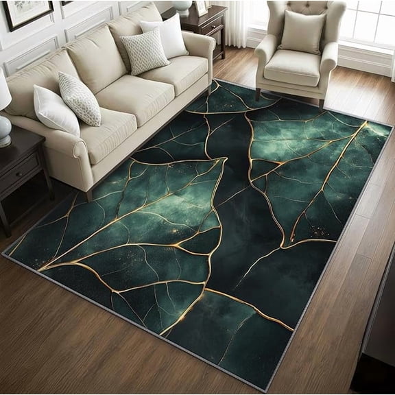 Leaf Rugs for Bedroom, Botanical Rug, Emerald Green and Gold Living Room Rug, Green Leaves Washable Area Rugs for Bedroom, Leaf Home Decor & Gifts 1x2ft