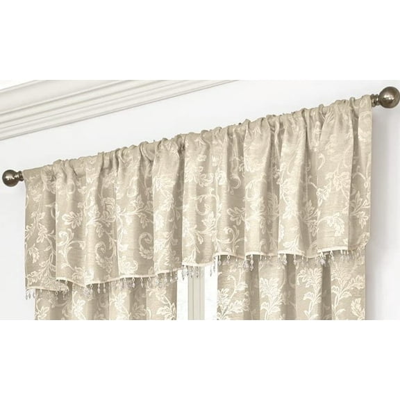 Leaf Scroll Scalloped Ivory Window Valance w/ Crystal Beads