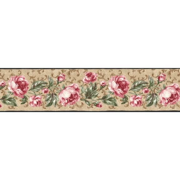 Leaf Scroll and Cabbage Red Roses Wallpaper Border - Kitchen Wall Dcor - Black Brown Green Red - Pre-pasted - 15 feet Long