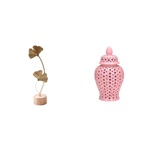 Leaf Sculpture Metal Ginger Jar Porcelain Decorative Statue Creative Iron Material for Home Table Living Room Display