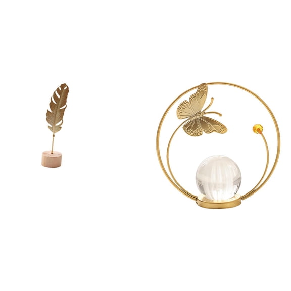 Leaf Sculpture Metal Statue Crystal Ball Iron Wood Base Artistic Decor for Home Office Party Table Fireplace Shelf